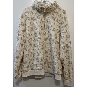 Curves N Combatboots Leopard Sherpa Pullover Half Zip Fuzzy Jacket Women’s XL